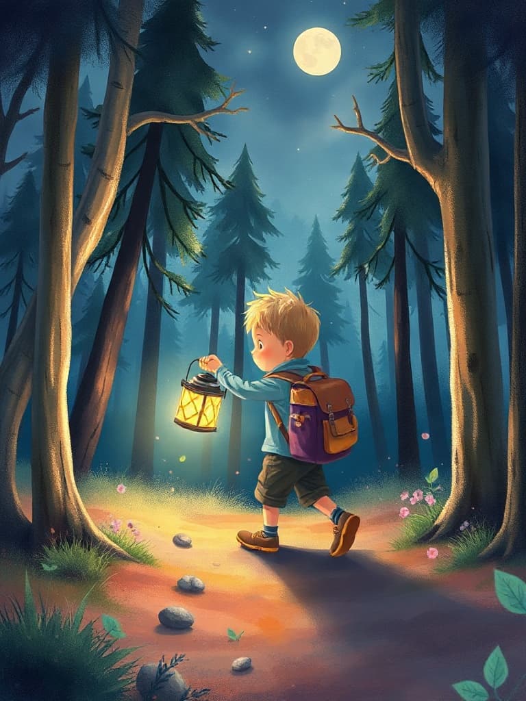 Child with a lantern in a gentle bedtime adventure